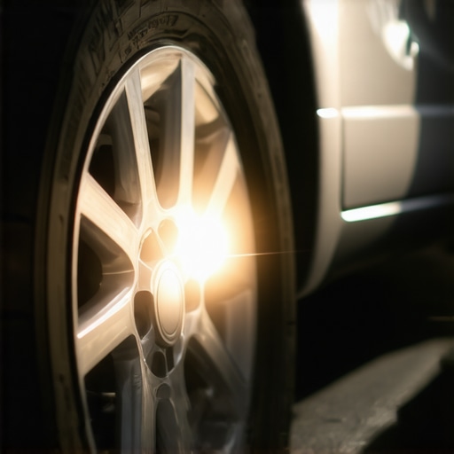 A mechanic uses a flashlight to show where a car tire has been scrubbing against the plastic inner wheel well liner.