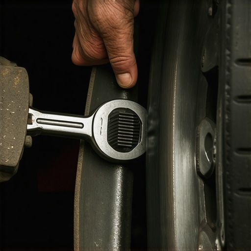 A mechanic inspecting a car's brake system by removing the caliper to check for worn-out brake pads.