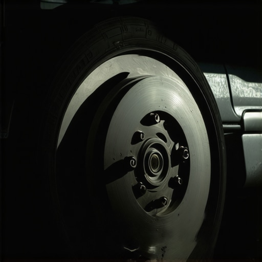 Close up view of car brake rotor and caliper with wheel removed for maintenance