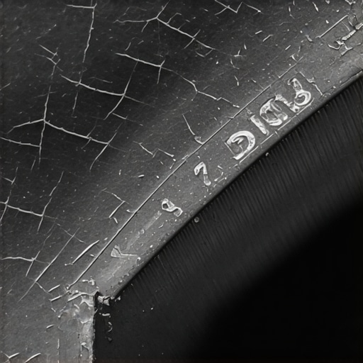 A close-up view of an old spare tire with spiderweb cracks and a DOT manufacturing date code.