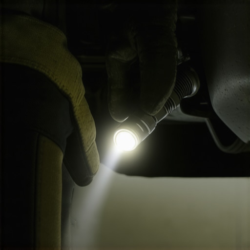 Inspecting Steering Components Close-up of a tie rod inspection during a dry park test for steering issues.