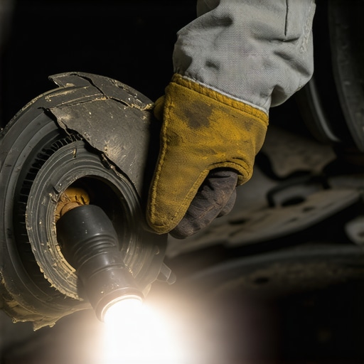Inspecting a Damaged CV Axle Boot Close up of a torn CV axle boot leaking grease under a car