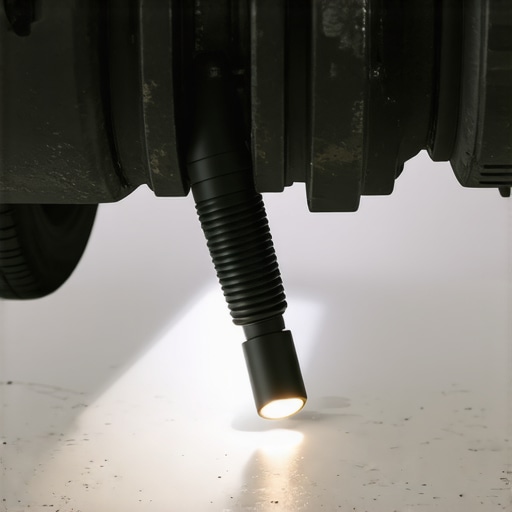Close up of a flashlight illuminating a damaged rubber CV boot and grease splatter on car suspension parts.