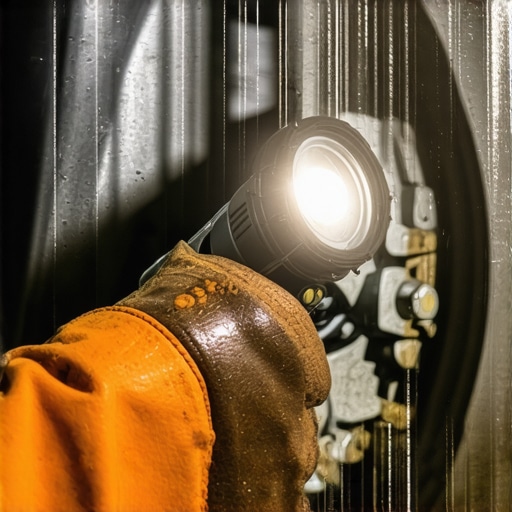 Close up of a mechanic checking a brake caliper for hydraulic fluid leaks with a flashlight
