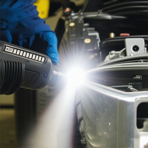 Mechanic using a flashlight to find the source of an oil leak on a high-mileage engine block.