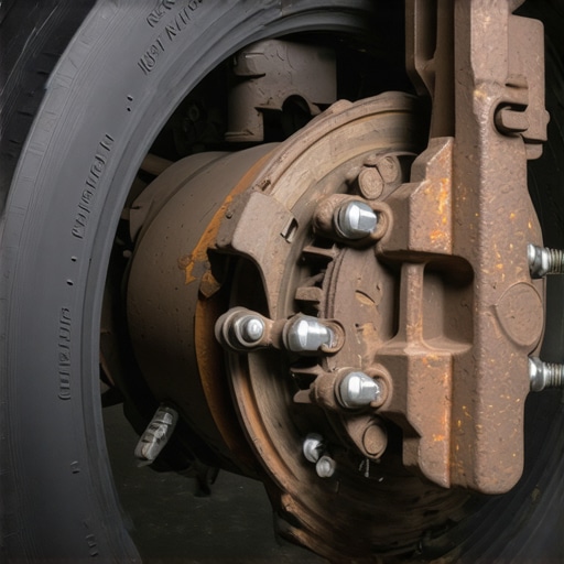 Inspecting car brake components Close up of a car brake caliper and rotor assembly during inspection
