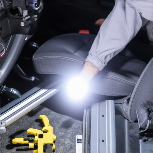 A technician using a flashlight to find the source of a squeak in the driver's seat tracks.