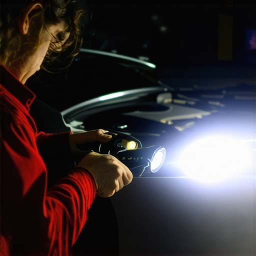 Mechanic inspecting a car engine with a flashlight to find the source of a burning smell