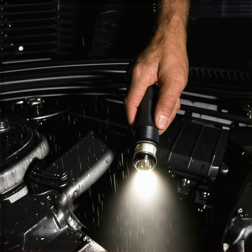 Close up of a car engine with moisture on components during an inspection.