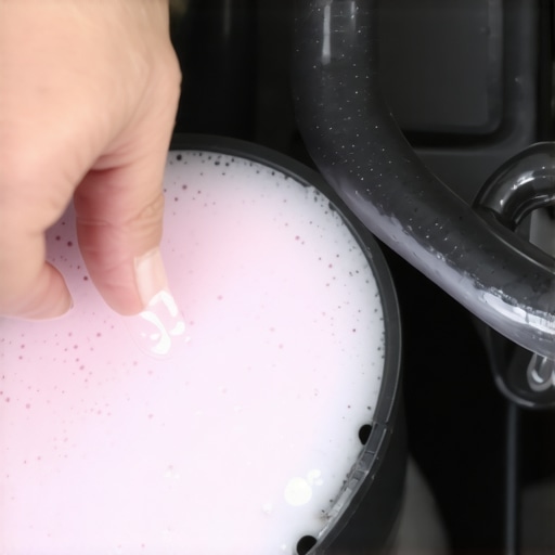 Close-up of foamy power steering fluid and a mechanic checking a hose O-ring.