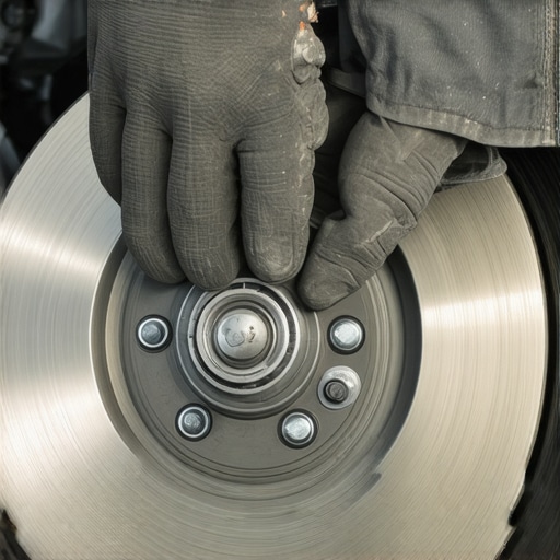 A hand adjusting a car's brake dust shield to stop a grinding noise.