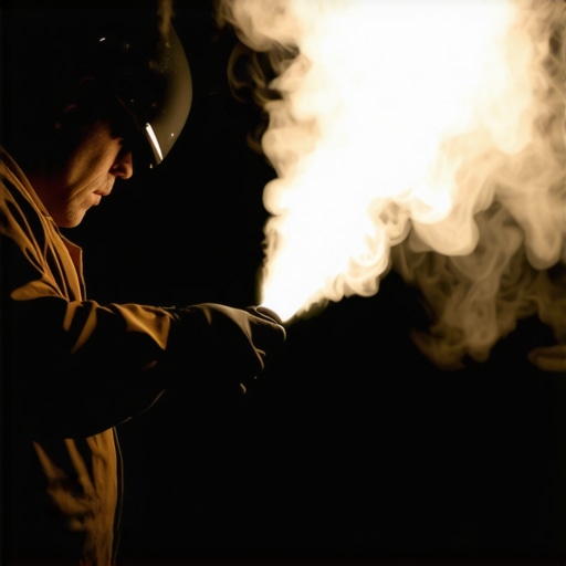 Close-up of a white smoke trail leaking from a car hose being illuminated by a bright flashlight