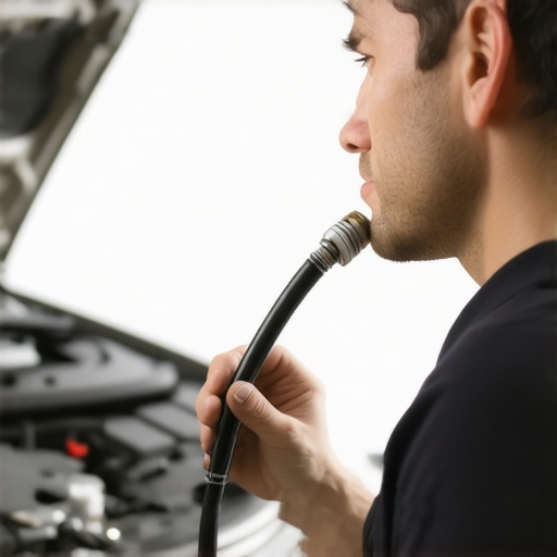 Locating an engine whistle with a hose A person using a rubber hose as a stethoscope to find a pressure leak in a car engine bay.