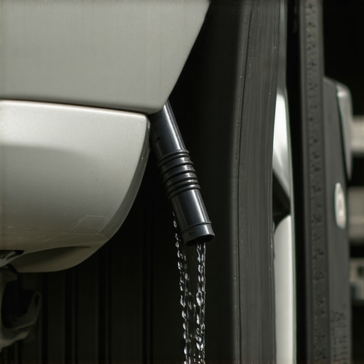 A black rubber drain tube under a car dripping water onto the pavement.