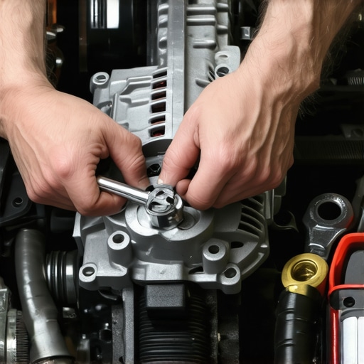 Close up of hands using a wrench to remove an alternator from a car engine bay.