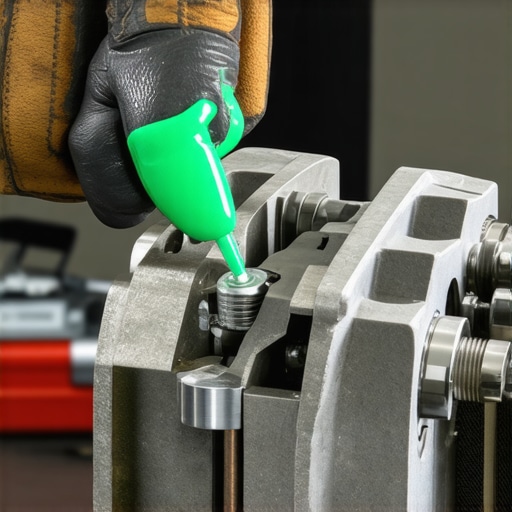 Mechanic applying high-temperature grease to a rear brake caliper slide pin to prevent uneven pad wear.