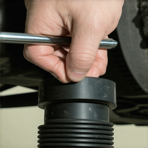 Mechanic checking for play in a car suspension bushing using a pry bar to find alignment issues.
