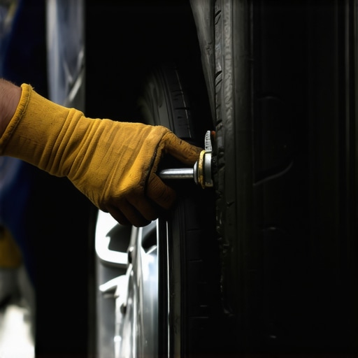 A DIY mechanic rotating front tires to troubleshoot car drifting issues.