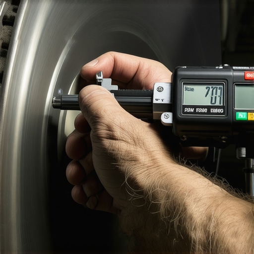 A mechanic measuring a brake rotor with a digital micrometer to detect uneven wear.