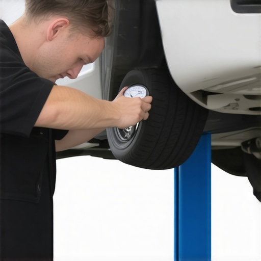 Measuring steering system tolerances for high speed stability Mechanic measuring steering play with specialized tools to diagnose car wandering.