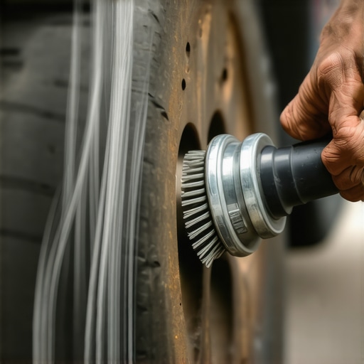 A mechanic uses a power tool to remove rust from a vehicle hub for a smooth brake installation.