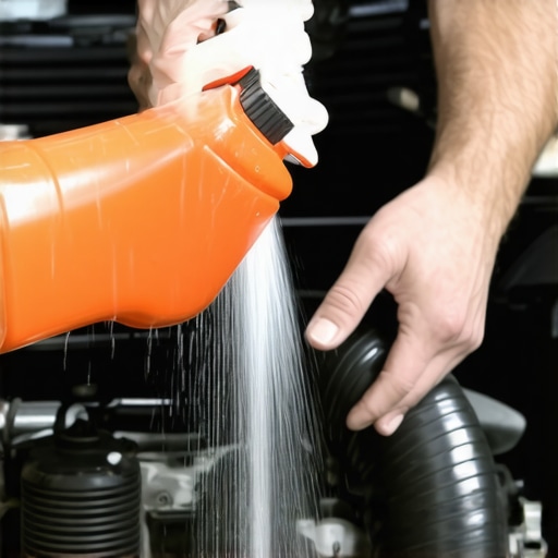 Mechanic using a spray bottle on engine hoses to find a vacuum leak.