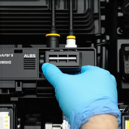 Modern ABS Module and Brake Reservoir Inspection A mechanic inspecting a brake fluid reservoir and ABS system in a modern car engine bay.
