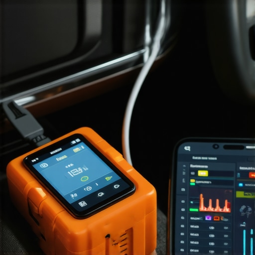 OBDII scanner plugged into a car dashboard showing live diagnostic data on a smartphone.