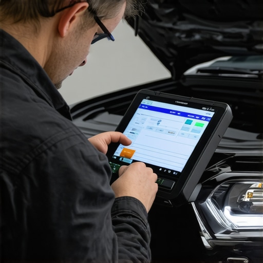 A mechanic registering a new car battery using a digital diagnostic tool to update the vehicle's computer system.