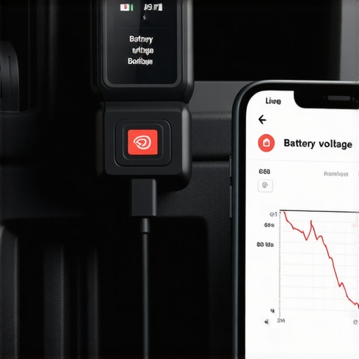 A person using a smartphone and OBDII scanner to check vehicle electrical health data.