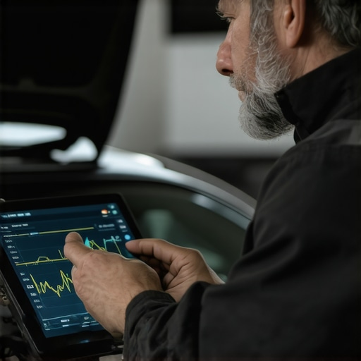 A technician using an advanced diagnostic tool to check a vehicle's internal systems and sensor accuracy.