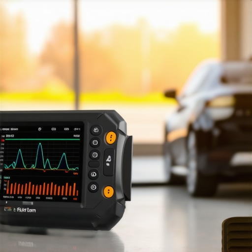 Close up of a mechanic using a bi-directional scan tool on a car's dashboard