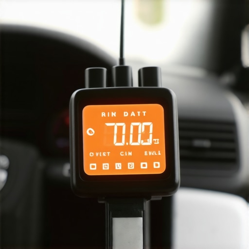 A digital OBD-II scanner displaying engine data in a car's interior