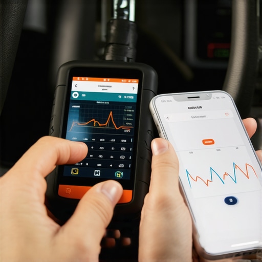 OBD-II scanner tool diagnosing a vehicle's engine health via smartphone app.