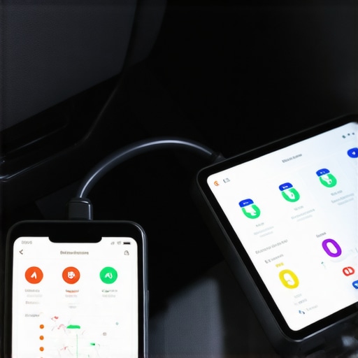 A Bluetooth OBD-II scanner plugged into a car dashboard showing live diagnostic data on a smartphone app.