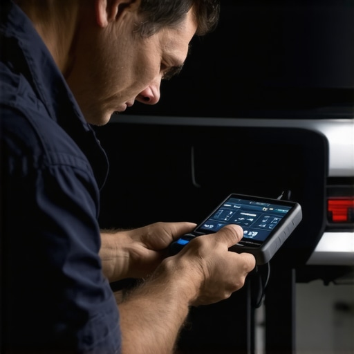 Professional mechanic using a diagnostic tool to troubleshoot automotive sensor data