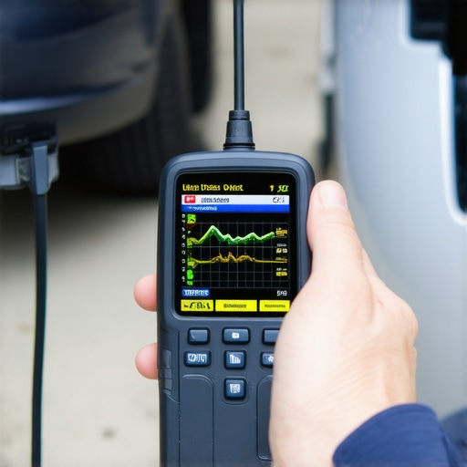 A hand holding an OBD-II scanner displaying engine data graphs inside a car