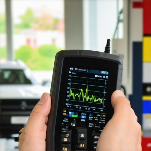 Modern Vehicle Diagnostic Calibration A diagnostic scanner tool performing ADAS and sensor calibration on a modern vehicle.