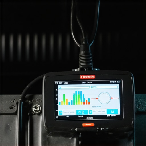 A mechanic analyzing sensor data on a high-tech diagnostic tablet inside a car.
