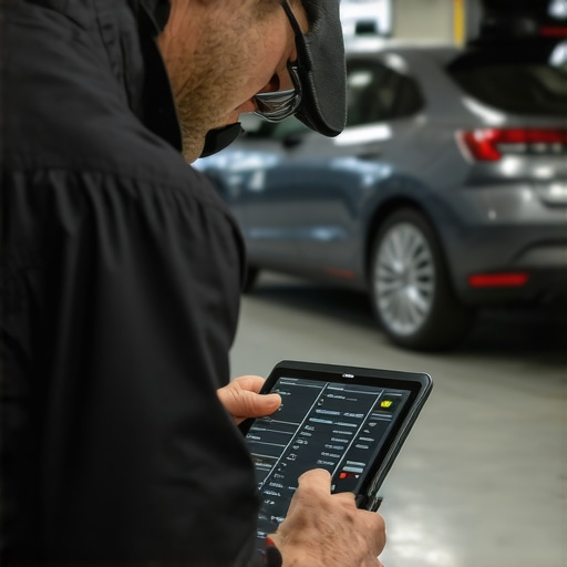 Technician using a diagnostic scanner to check vehicle health systems.