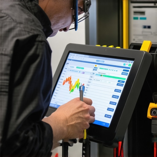 Technician using a digital scanner to check car engine data.