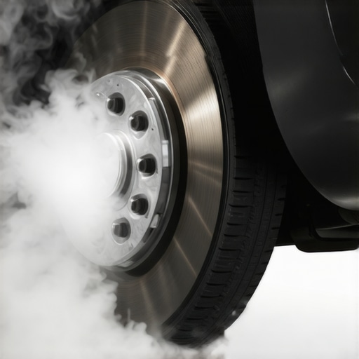 Close up of a car brake system with a wisp of smoke illustrating new pads curing.
