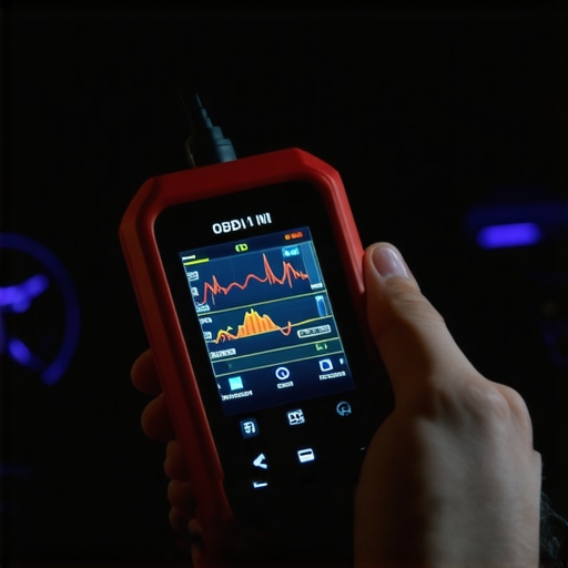 A person using a diagnostic scan tool to monitor real-time engine performance data on a high-mileage car.