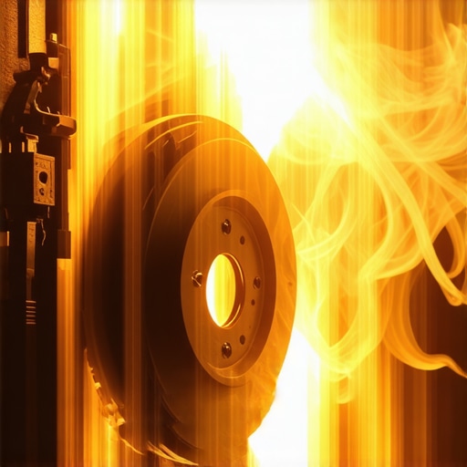 Close-up of an overheating and smoking brake rotor caused by failing to properly break in new brake pads.