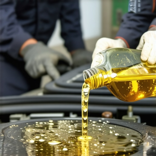 Close up of a mechanic pouring fresh synthetic oil into a vehicle engine.