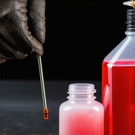 Power Steering Fluid Comparison Comparing dirty old power steering fluid with fresh red fluid.