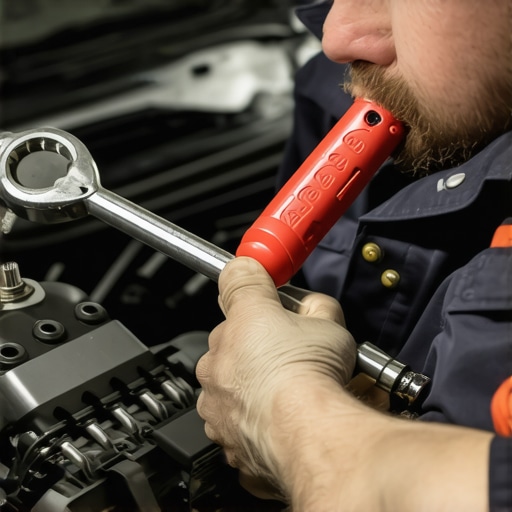 Mechanic using a torque wrench on a car engine for a tune up