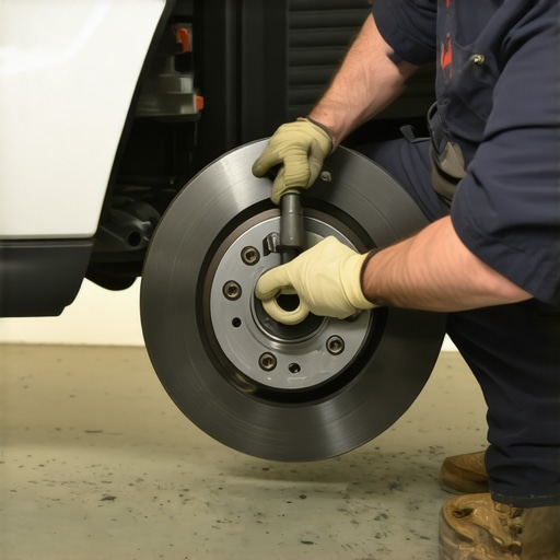 Professional mechanic measuring brake rotor thickness during a service