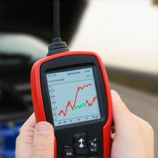 Close-up of a professional mechanic using a scan tool to monitor live vehicle engine data graphs