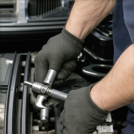 A mechanic carefully torquing bolts on a vehicle engine.